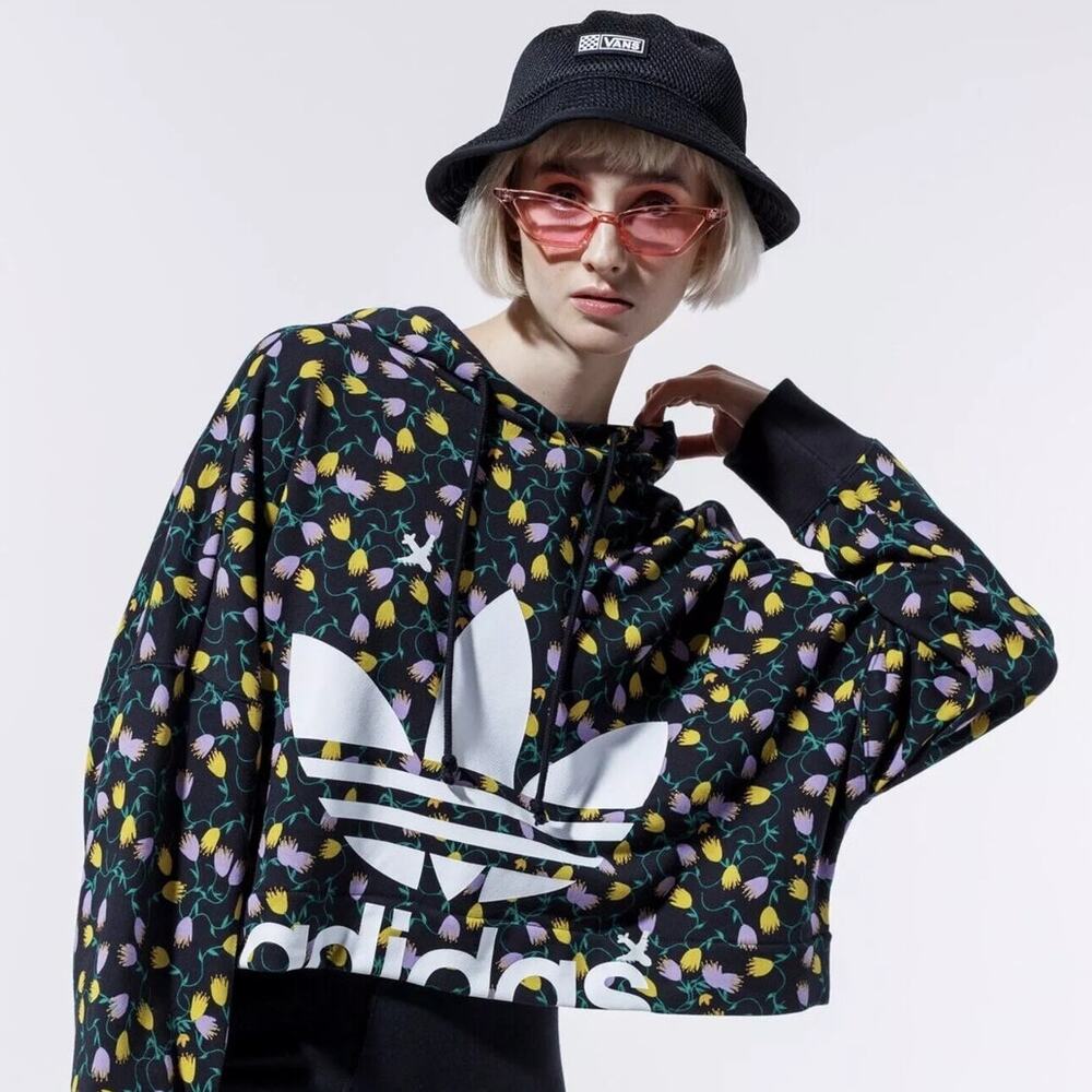 EUC ADIDAS Originals Cropped Hoodie Allover Print Drawcord Loose Fit Size Small - Picture 5 of 8